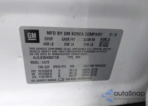 2019 Buick Encore Awd Preferred z USA, uszkodzony, nr VIN KL4CJESB4KB821738